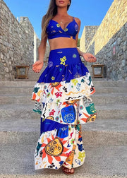 Sexy Blue Lingerie And Maxi Cake Skirts Two Pieces Set Summer
