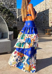 Sexy Blue Lingerie And Maxi Cake Skirts Two Pieces Set Summer