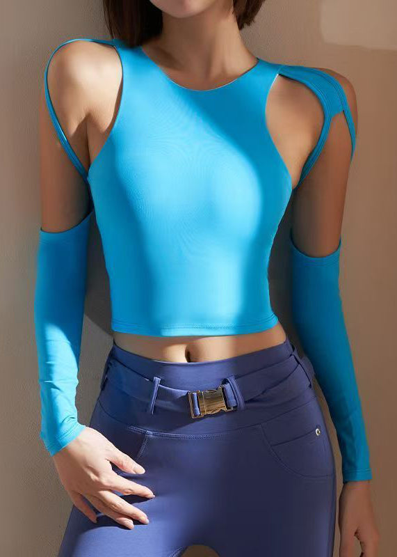 Sexy Blue O-Neck Long Sleeve Yoga Tops