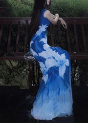 Sexy Blue O-Neck Print Tulle Maxi Dresses Sleeveless