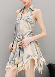 Sexy Blue Tasseled Asymmetrical Patchwork Denim Dress Sleeveless
