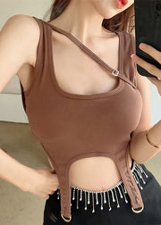 Sexy Brown Asymmetrical Design Cotton Short Vests Summer