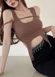 Sexy Brown Asymmetrical Design Cotton Short Vests Summer