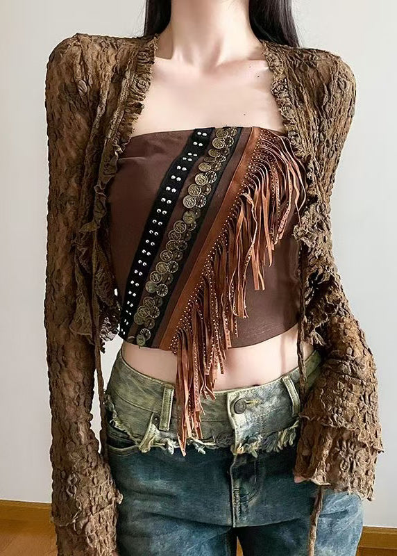 Sexy Brown Hollow Out Lace Up Cardigans And Tasseled Tank Two Pieces Set Spring