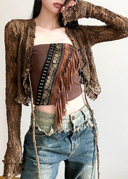 Sexy Brown Hollow Out Lace Up Cardigans And Tasseled Tank Two Pieces Set Spring