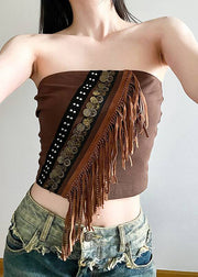 Sexy Brown Hollow Out Lace Up Cardigans And Tasseled Tank Two Pieces Set Spring