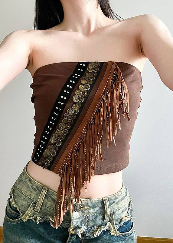 Sexy Brown Hollow Out Lace Up Cardigans And Tasseled Tank Two Pieces Set Spring