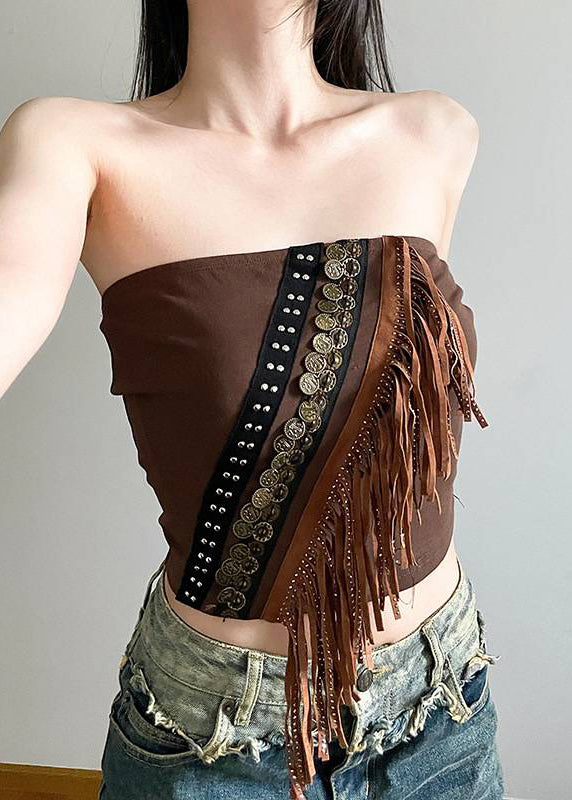 Sexy Brown Hollow Out Lace Up Cardigans And Tasseled Tank Two Pieces Set Spring