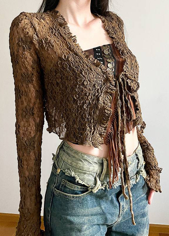 Sexy Brown Hollow Out Lace Up Cardigans And Tasseled Tank Two Pieces Set Spring