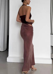 Sexy Brown Lace Up Tulle Patchwork Long Dress Sleeveless