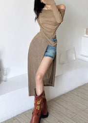 Sexy Brown One Shoulder Asymmetrical Side Open Silk Maxi Dresses Fall