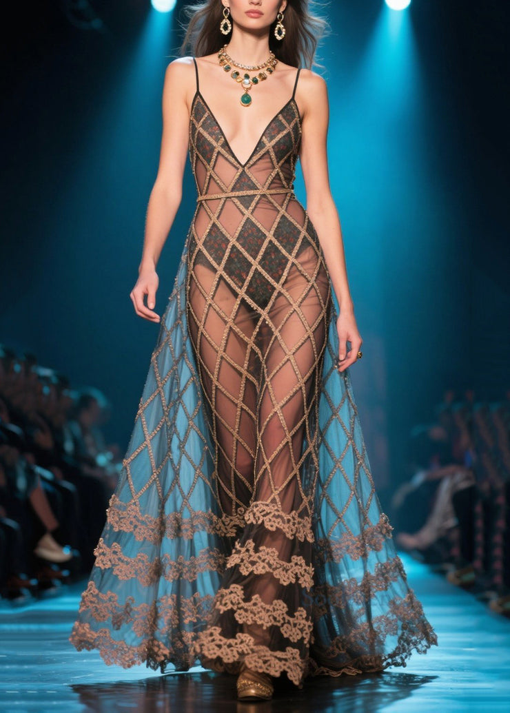 Sexy Brown Plaid Silm Fit Tulle Party Dress Summer