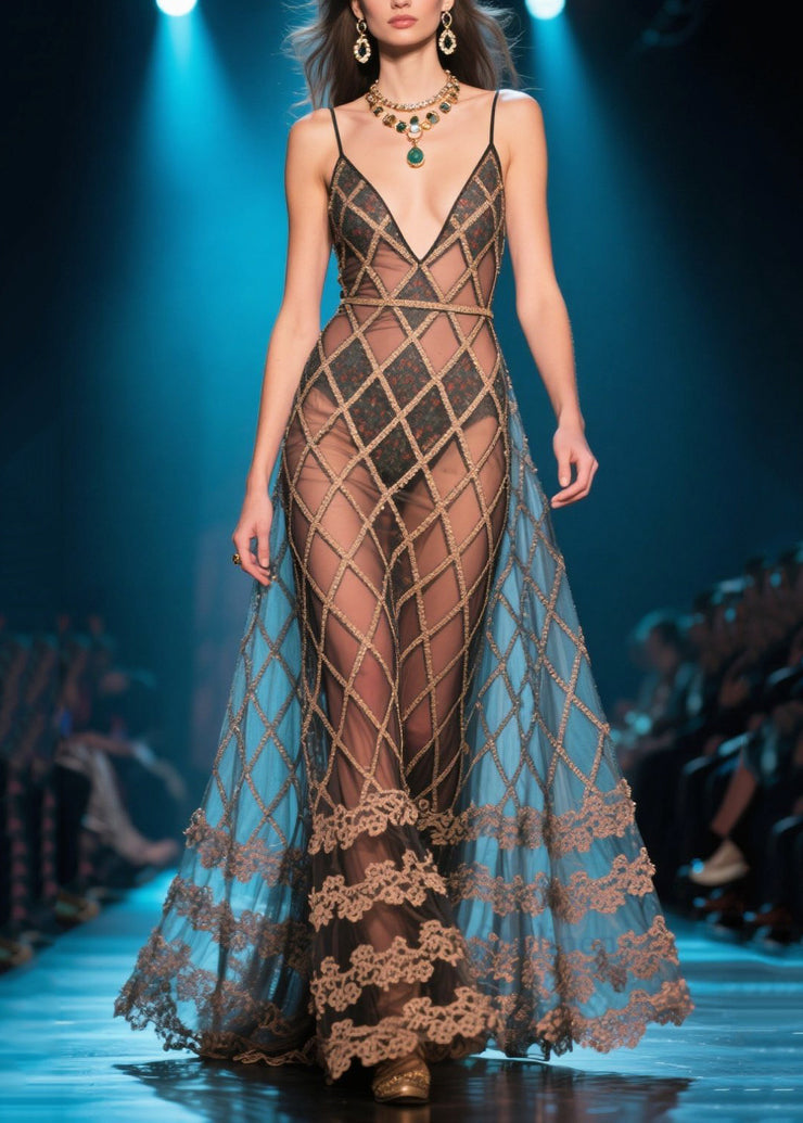 Sexy Brown Plaid Silm Fit Tulle Party Dress Summer