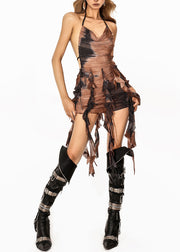 Sexy Coffee Asymmetrical Backless Tie Dye Tunic Mid Dress Sleeveless