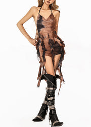 Sexy Coffee Asymmetrical Backless Tie Dye Tunic Mid Dress Sleeveless