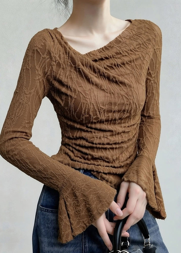 Sexy Coffee Asymmetrical Print T Shirt Flare Sleeve