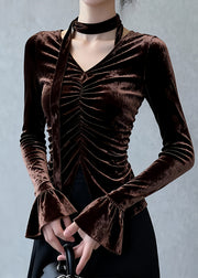 Sexy Coffee V Neck Wrinkled Silk Velour Top Flare Sleeve