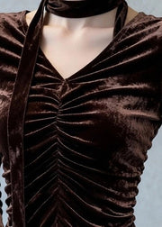 Sexy Coffee V Neck Wrinkled Silk Velour Top Flare Sleeve