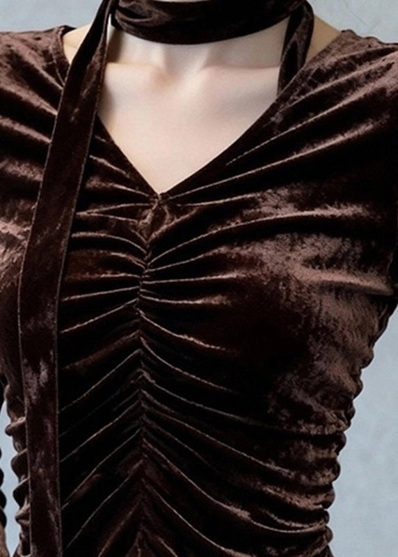 Sexy Coffee V Neck Wrinkled Silk Velour Top Flare Sleeve