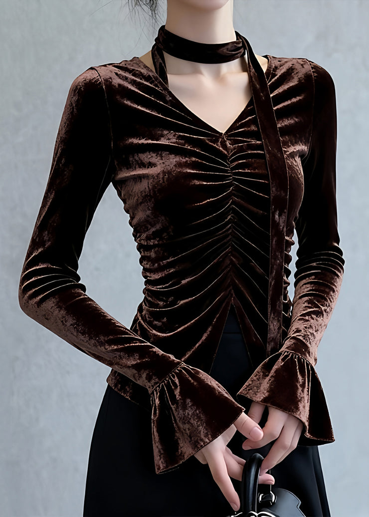 Sexy Coffee V Neck Wrinkled Silk Velour Top Flare Sleeve