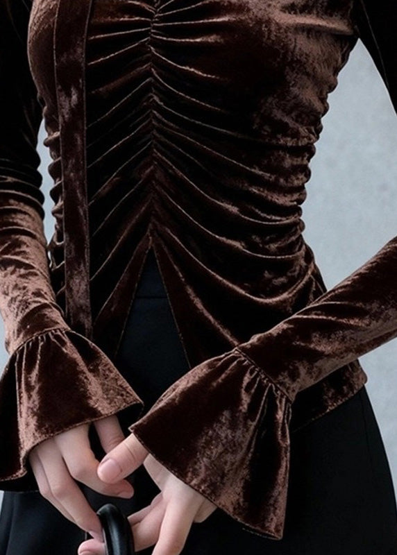 Sexy Coffee V Neck Wrinkled Silk Velour Top Flare Sleeve