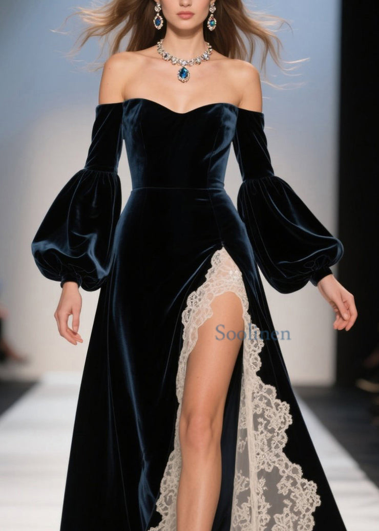 Sexy Cold Shoulder Lace Patchwork Velvet Dresses Fall