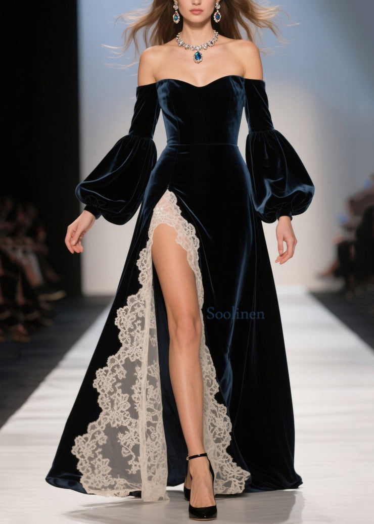 Sexy Cold Shoulder Lace Patchwork Velvet Dresses Fall