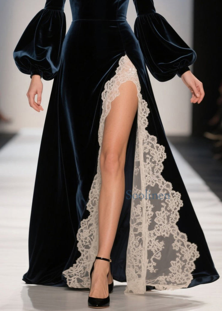 Sexy Cold Shoulder Lace Patchwork Velvet Dresses Fall