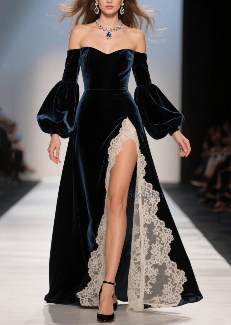 Sexy Cold Shoulder Lace Patchwork Velvet Dresses Fall