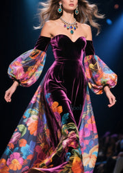 Sexy Cold Shoulder Print Patchwork Velour Dress Autumn