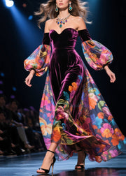 Sexy Cold Shoulder Print Patchwork Velour Dress Autumn
