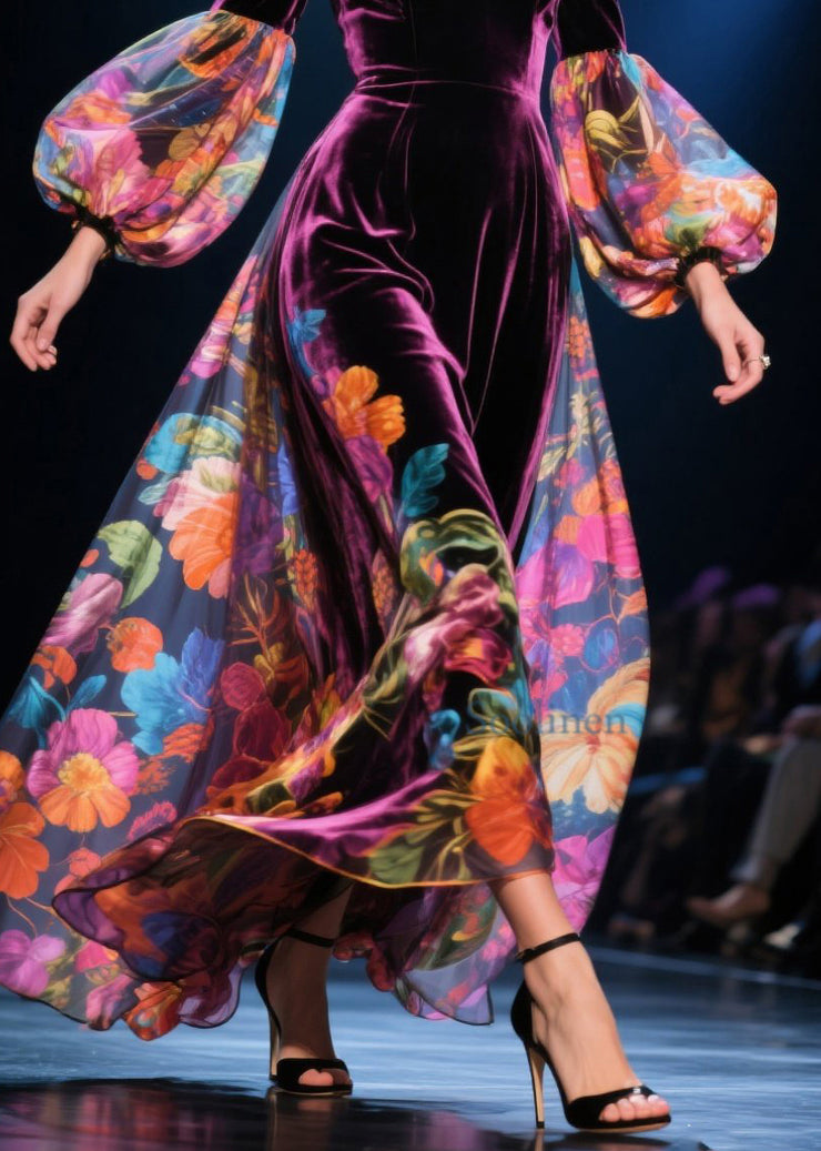 Sexy Cold Shoulder Print Patchwork Velour Dress Autumn