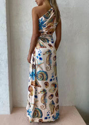 Sexy Diagonal Shoulder Drawstring Slit Long Dress Summer