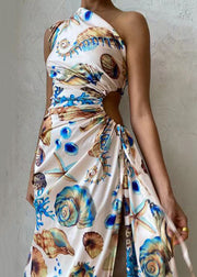 Sexy Diagonal Shoulder Drawstring Slit Long Dress Summer