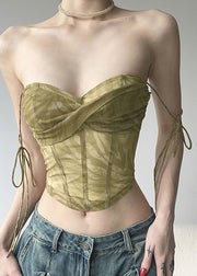 Sexy Green Cold Shoulder Tulle Spaghetti Strap Short Vest Sleeveless