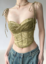 Sexy Green Cold Shoulder Tulle Spaghetti Strap Short Vest Sleeveless
