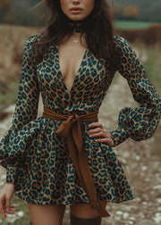 Sexy Green Leopard V Neck Print Cotton Mini Dress Lantern Sleeve