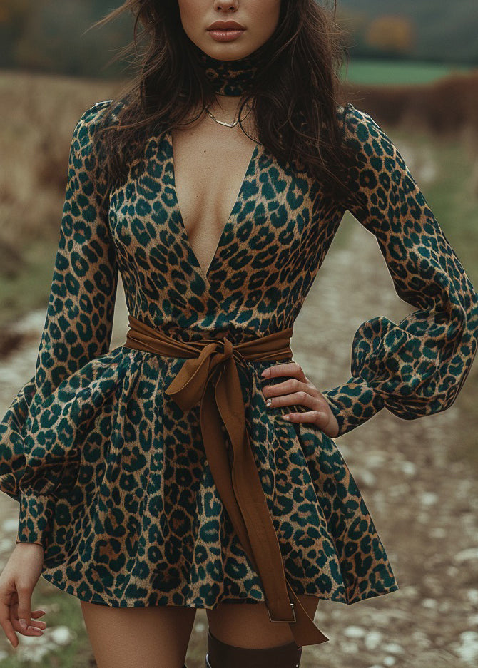 Sexy Green Leopard V Neck Print Cotton Mini Dress Lantern Sleeve