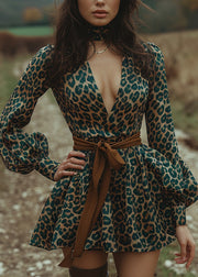 Sexy Green Leopard V Neck Print Cotton Mini Dress Lantern Sleeve