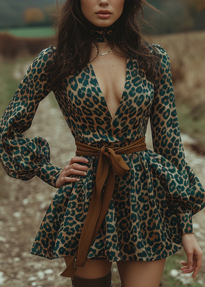 Sexy Green Leopard V Neck Print Cotton Mini Dress Lantern Sleeve