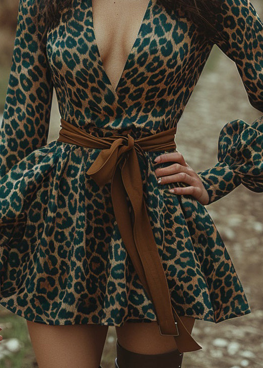 Sexy Green Leopard V Neck Print Cotton Mini Dress Lantern Sleeve