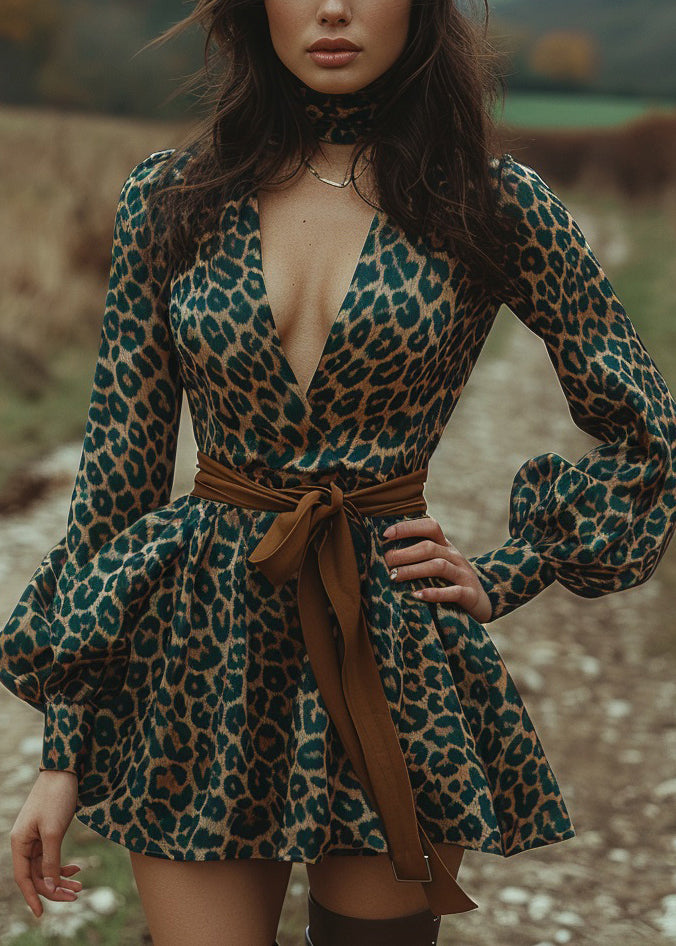 Sexy Green Leopard V Neck Print Cotton Mini Dress Lantern Sleeve
