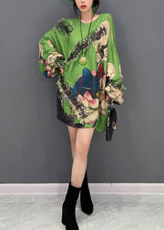 Sexy Green O-Neck Print Tassel Knit Sweater Winter
