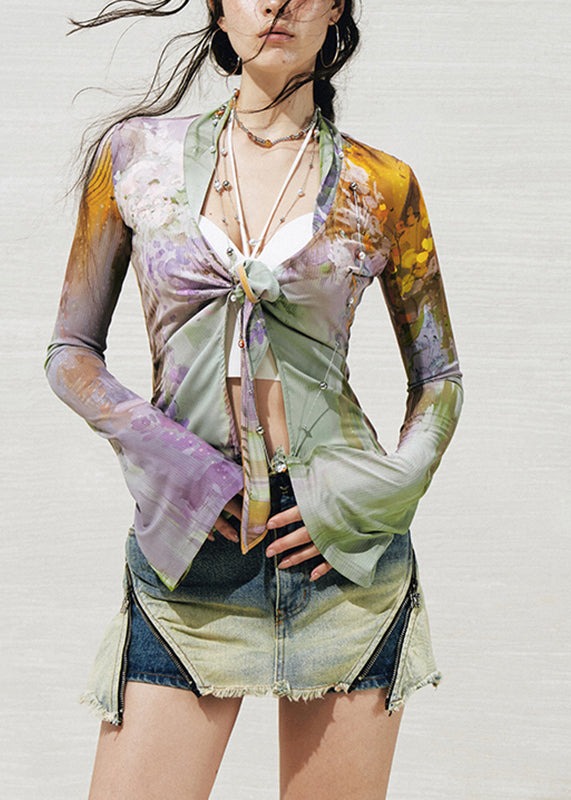 Sexy Green Purple V Neck Print Tie Waist Knit Shirts Fall