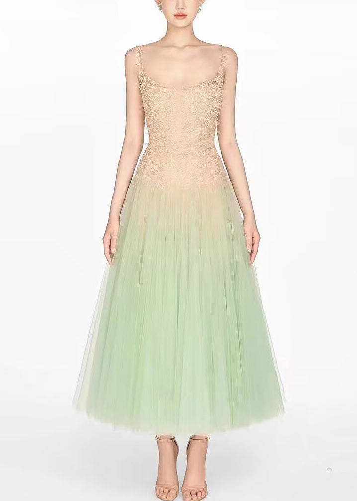 Sexy Green Sequins Lace Patchwork Tulle Spaghetti Strap Dress Sleeveless