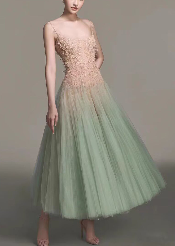 Sexy Green Sequins Lace Patchwork Tulle Spaghetti Strap Dress Sleeveless