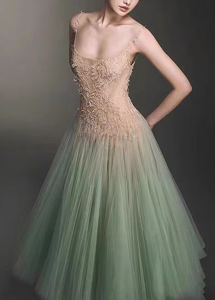 Sexy Green Sequins Lace Patchwork Tulle Spaghetti Strap Dress Sleeveless