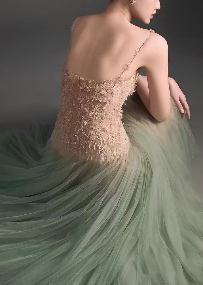 Sexy Green Sequins Lace Patchwork Tulle Spaghetti Strap Dress Sleeveless