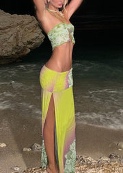 Sexy Green Side Open Patchwork Tulle Two Pieces Set Sleeveless