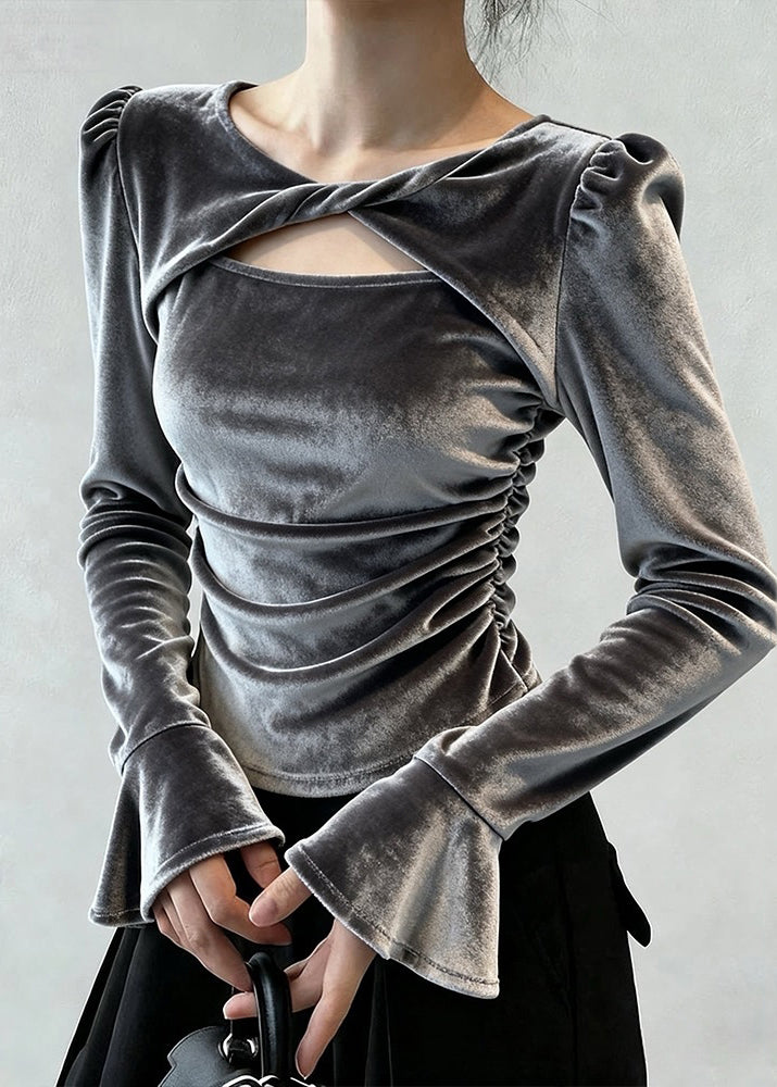 Sexy Grey Patchwork Hollow Out Silk Velour Tops Fall